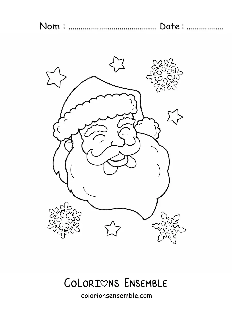 Image à colorier du visage du Père Noël les yeux fermés, avec des flocons de neige en fond