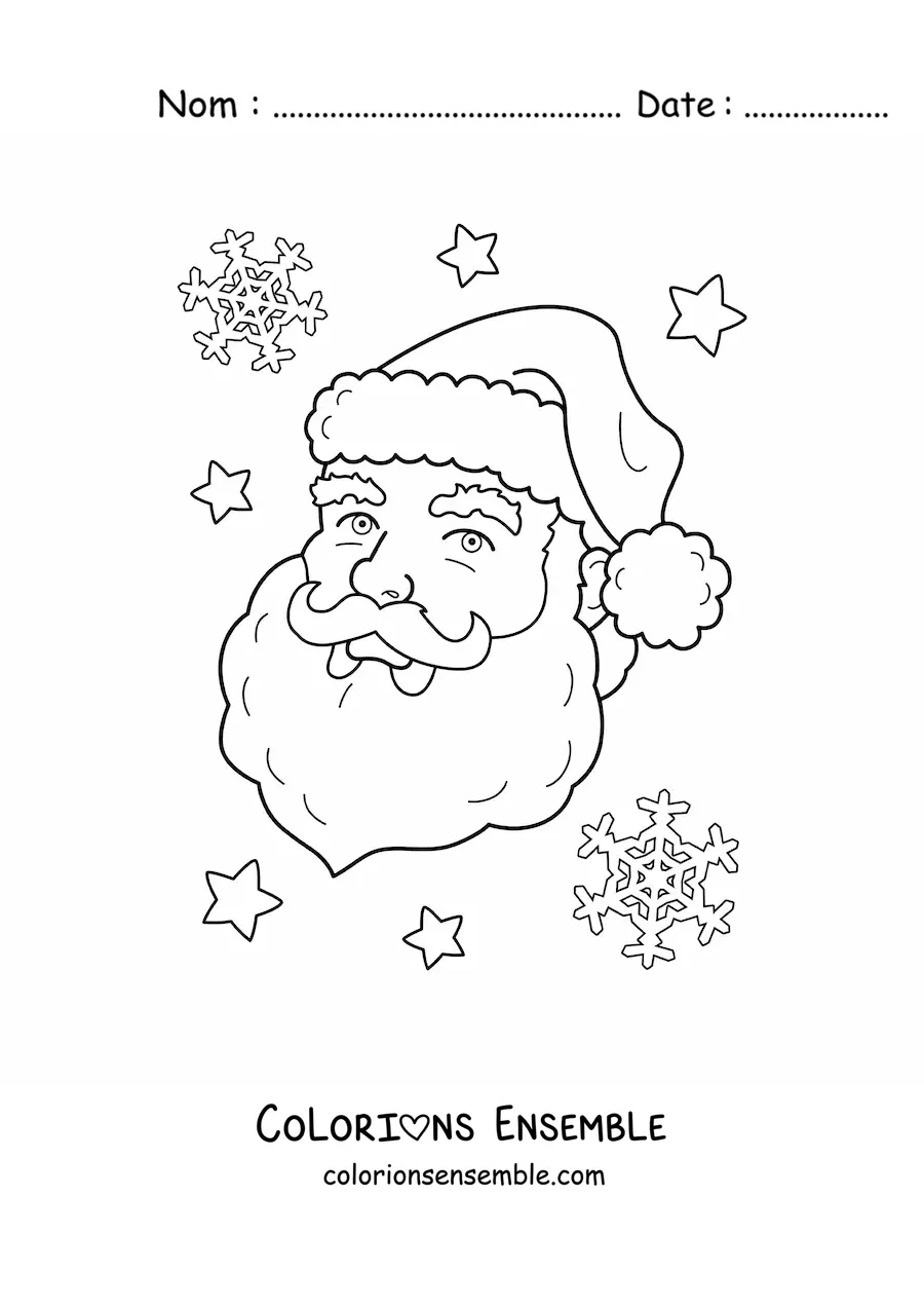 Image à colorier du visage du Père Noël souriant, avec des flocons de neige en fond
