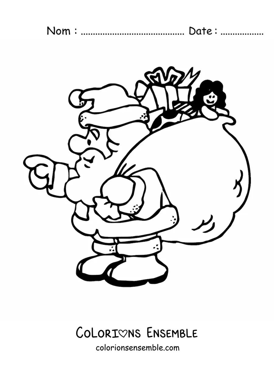 Image à colorier d'un Père Noël en dessin animé avec des cadeaux