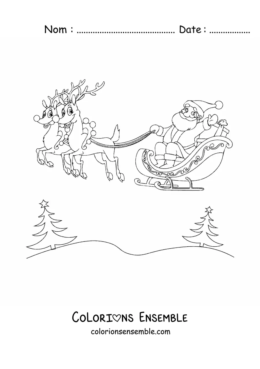 Image à colorier du Père Noël volant dans son traîneau tiré par des rennes
