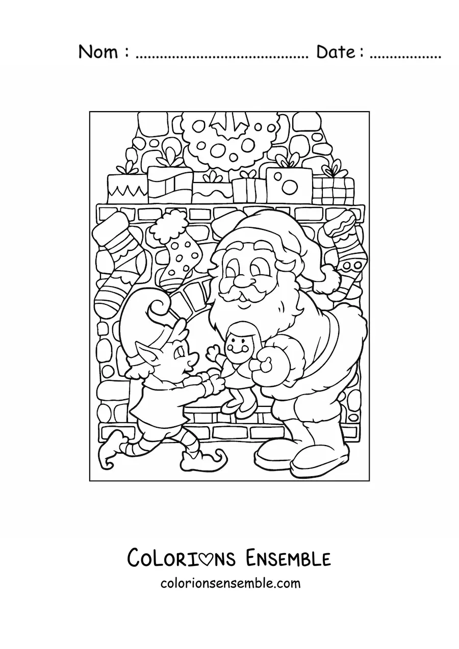Image à colorier du Père Noël avec un elfe et des jouets