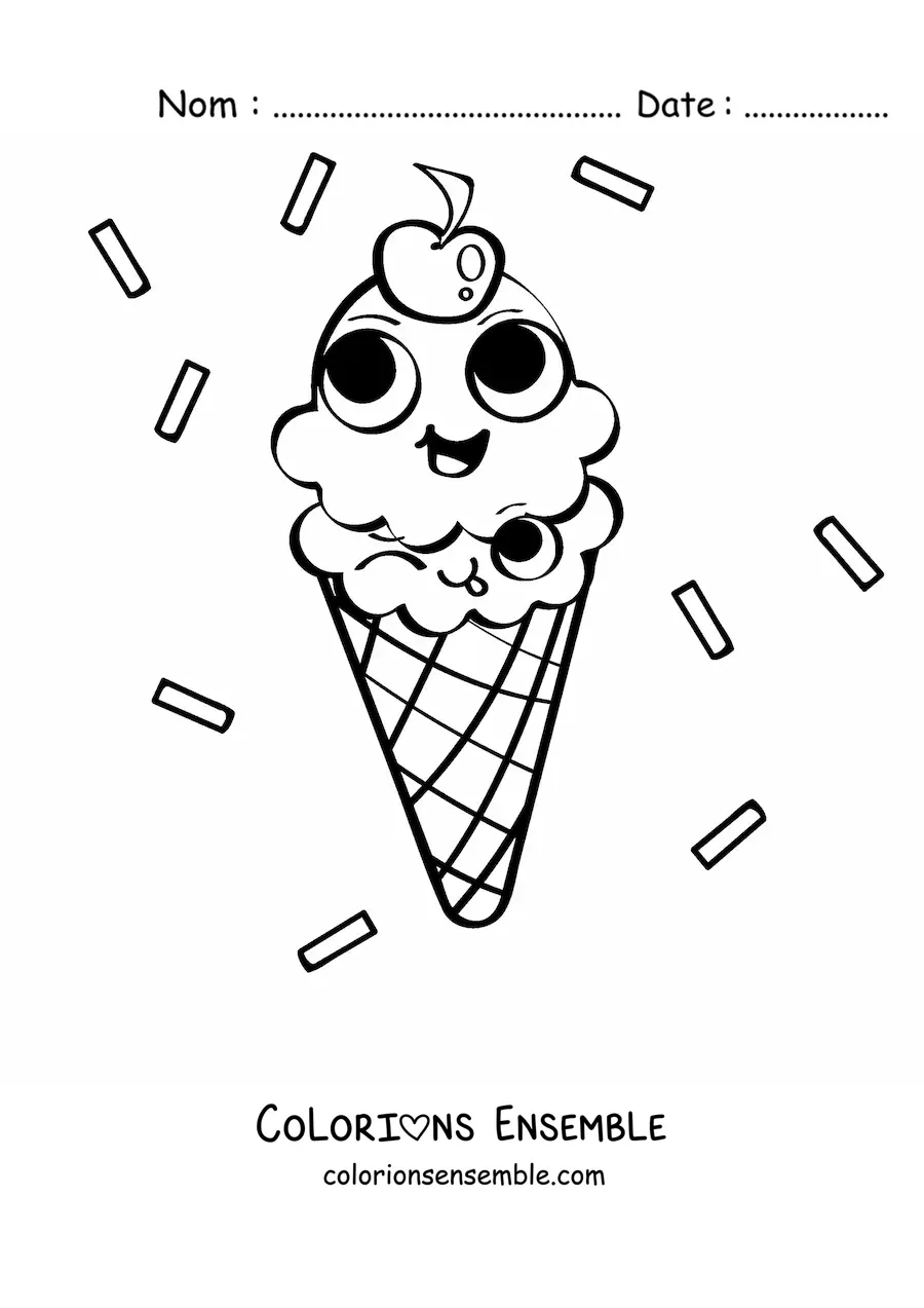 Image à colorier d'un cornet de glace animé tout souriant