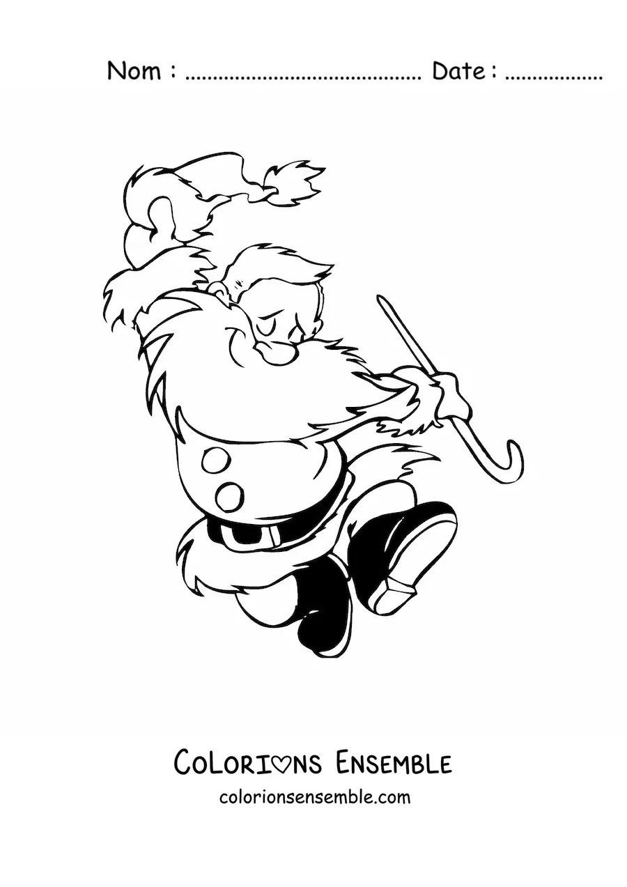 Image à colorier du Père Noël tenant son bonnet et une canne pendant qu'il saute