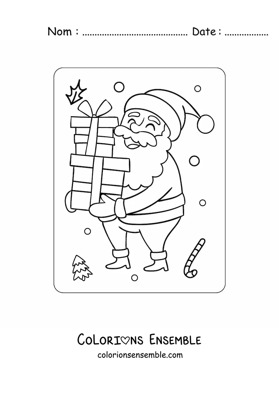Image à colorier du Père Noël avec une pile de cadeaux