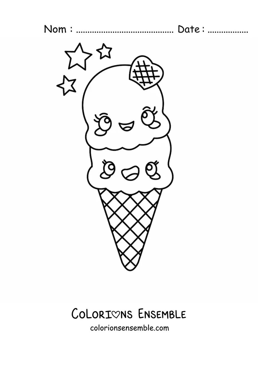 Image à colorier d'un cornet de glace à deux parfums kawaii avec des étoiles