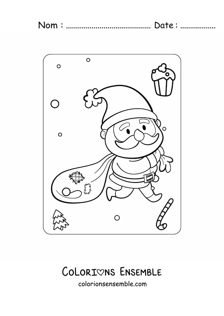 Image à colorier de saint Nicolas kawaii avec des cadeaux