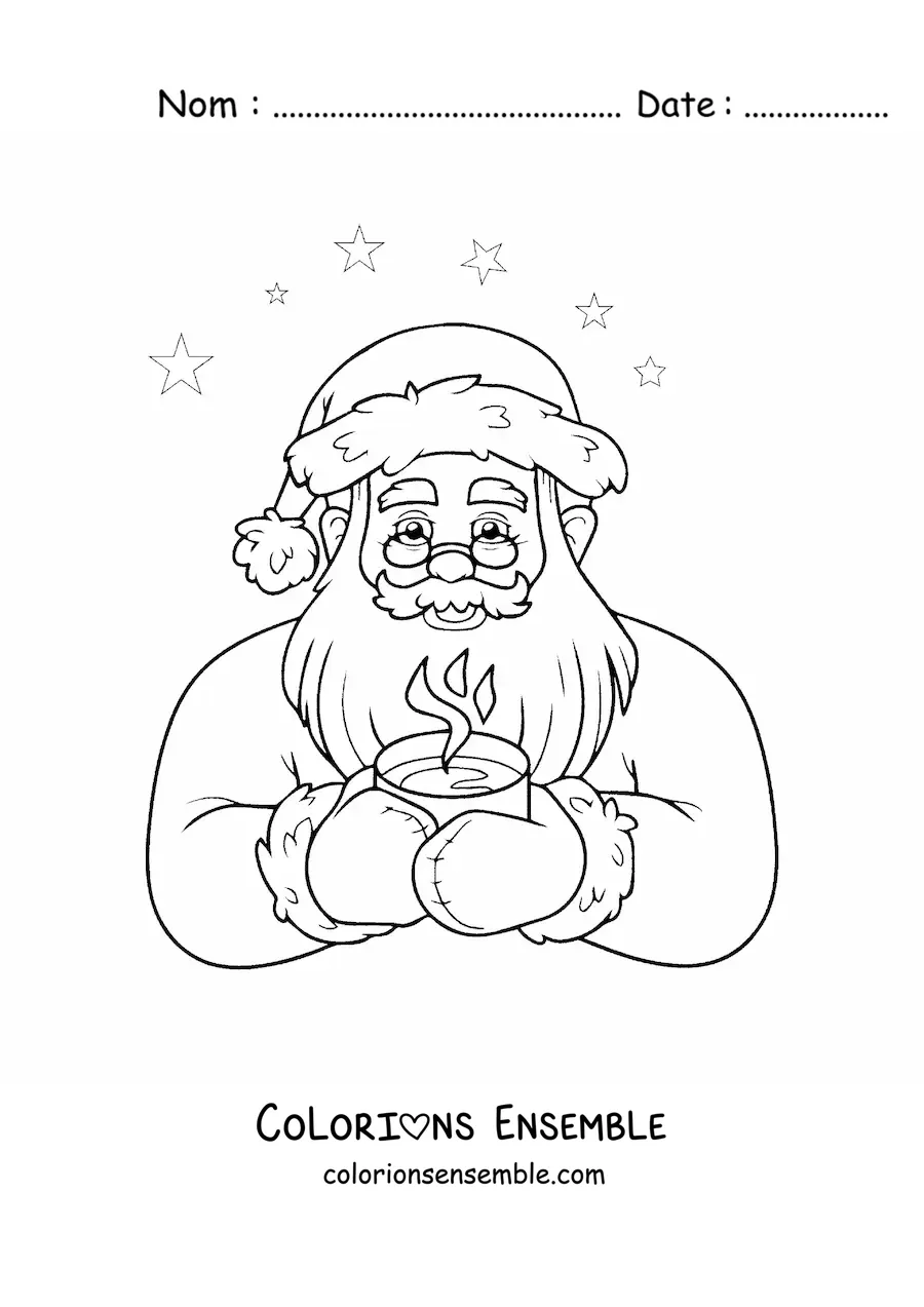 Image à colorier du Père Noël avec une boisson chaude