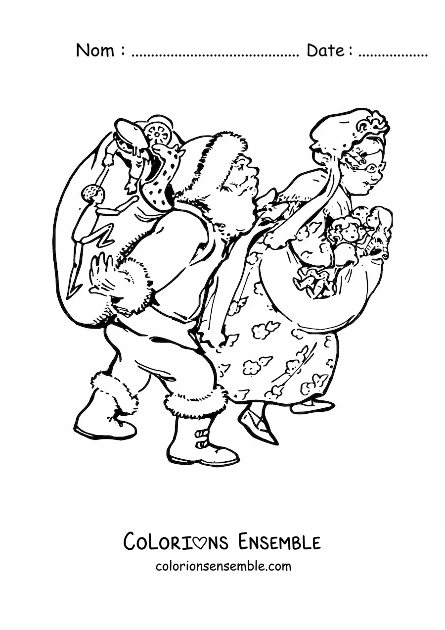 Image à colorier du Père Noël et de la Mère Noël avec des cadeaux