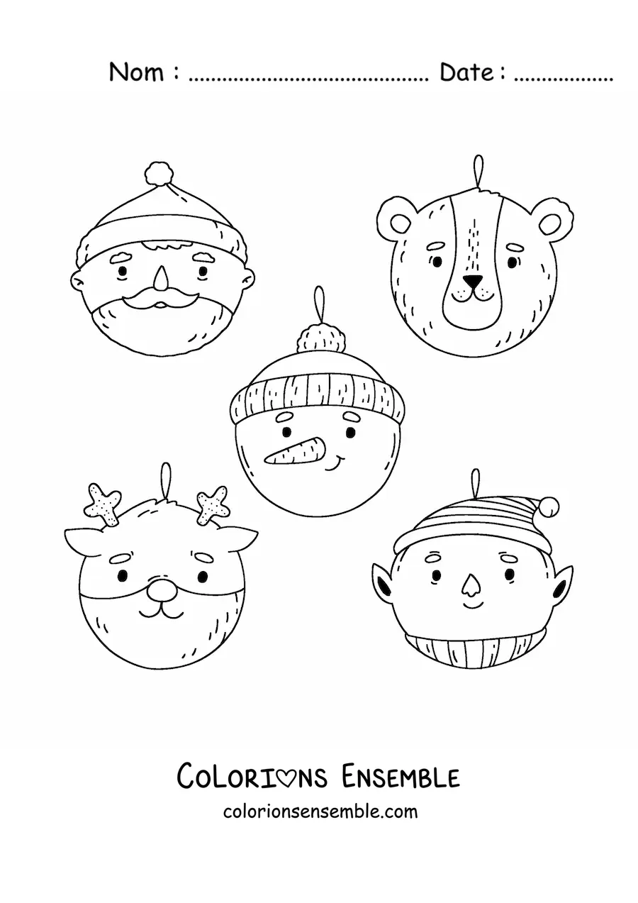 Image à colorier de boules de Noël en forme d'ours, de Père Noël, d'elfe, de renne et de bonhomme de neige
