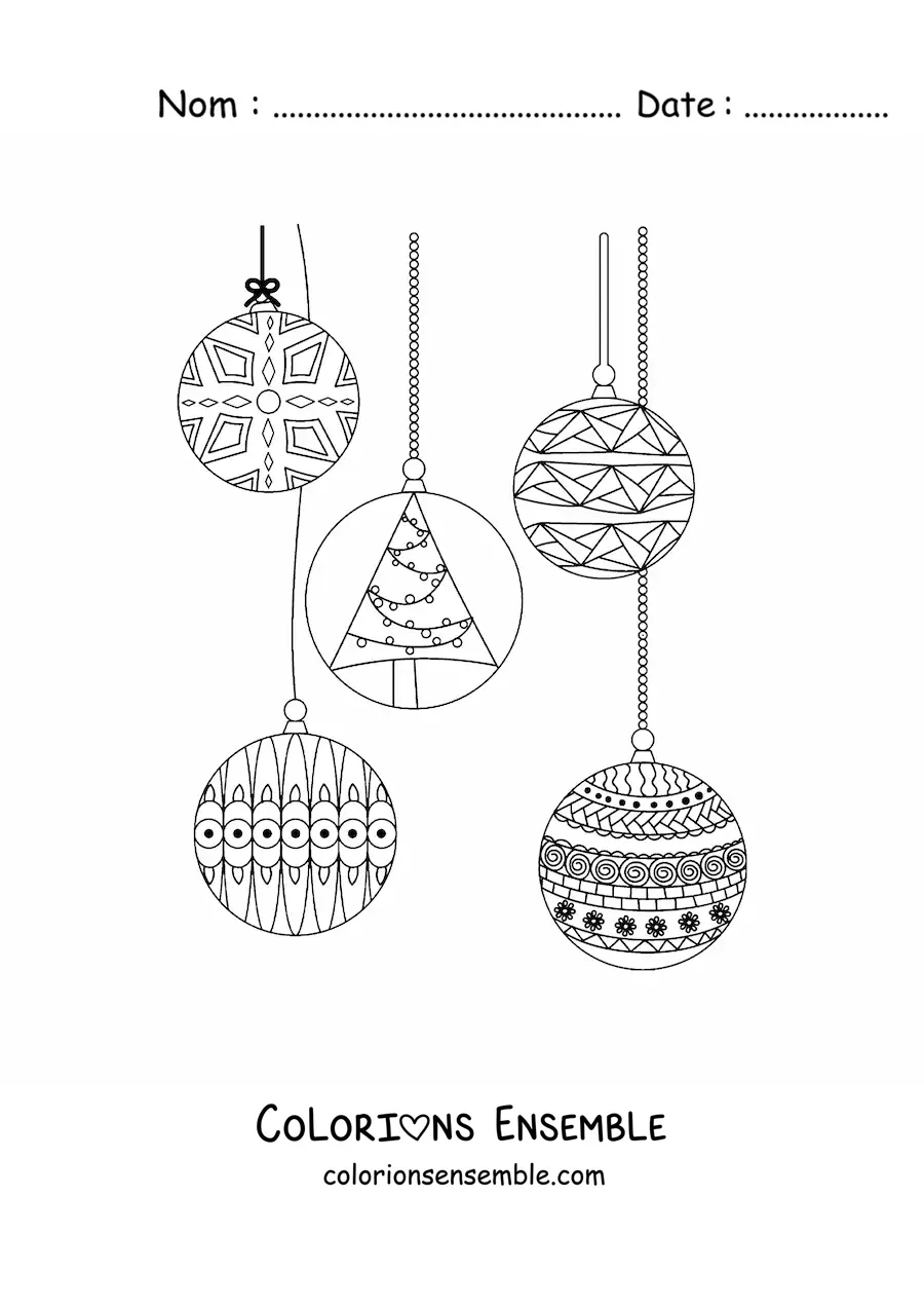 Image à colorier d'une boule de Noël avec un sapin de Noël