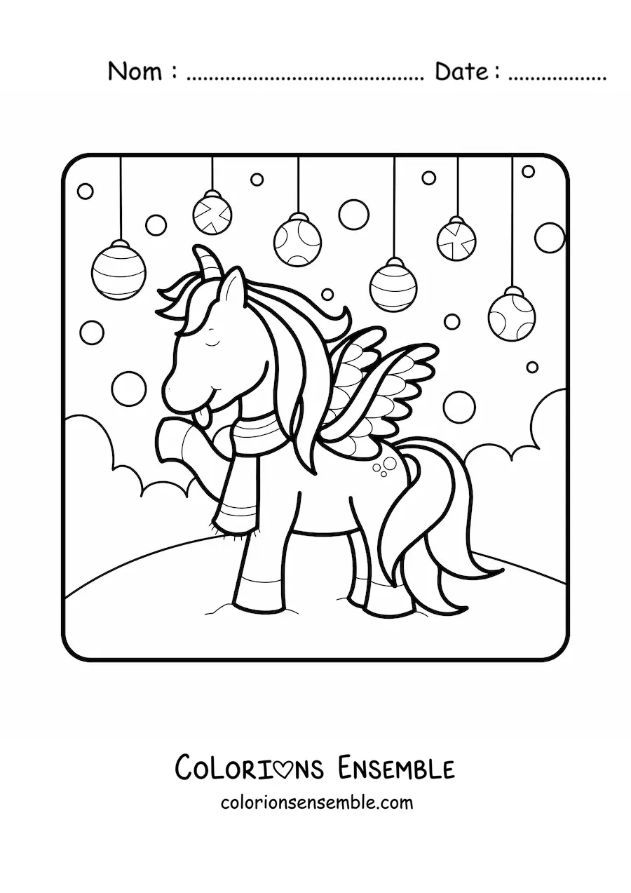 Image à colorier d'une licorne avec des boules de Noël en arrière-plan