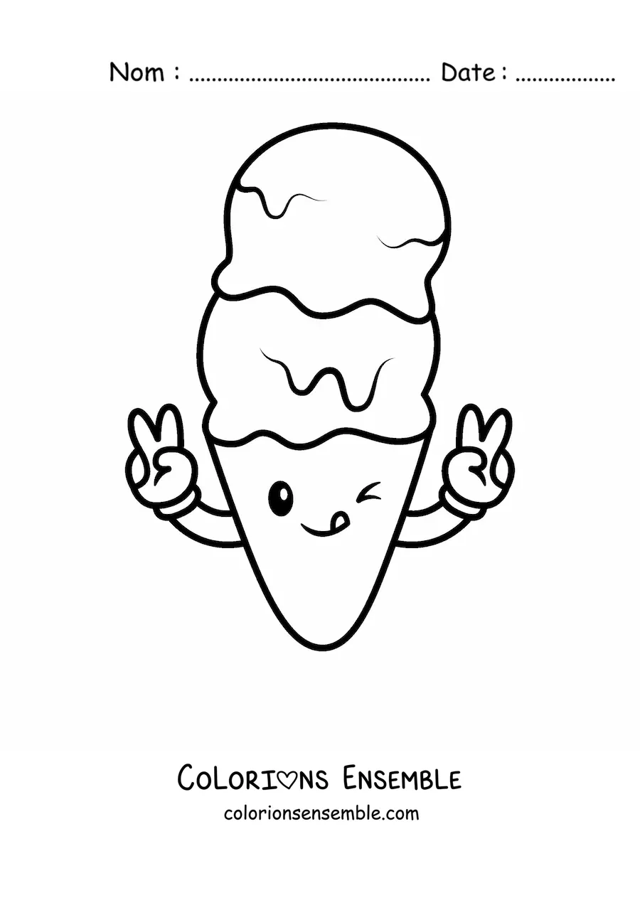 Image à colorier d'un cornet de glace animé qui salue et fait un clin d'œil
