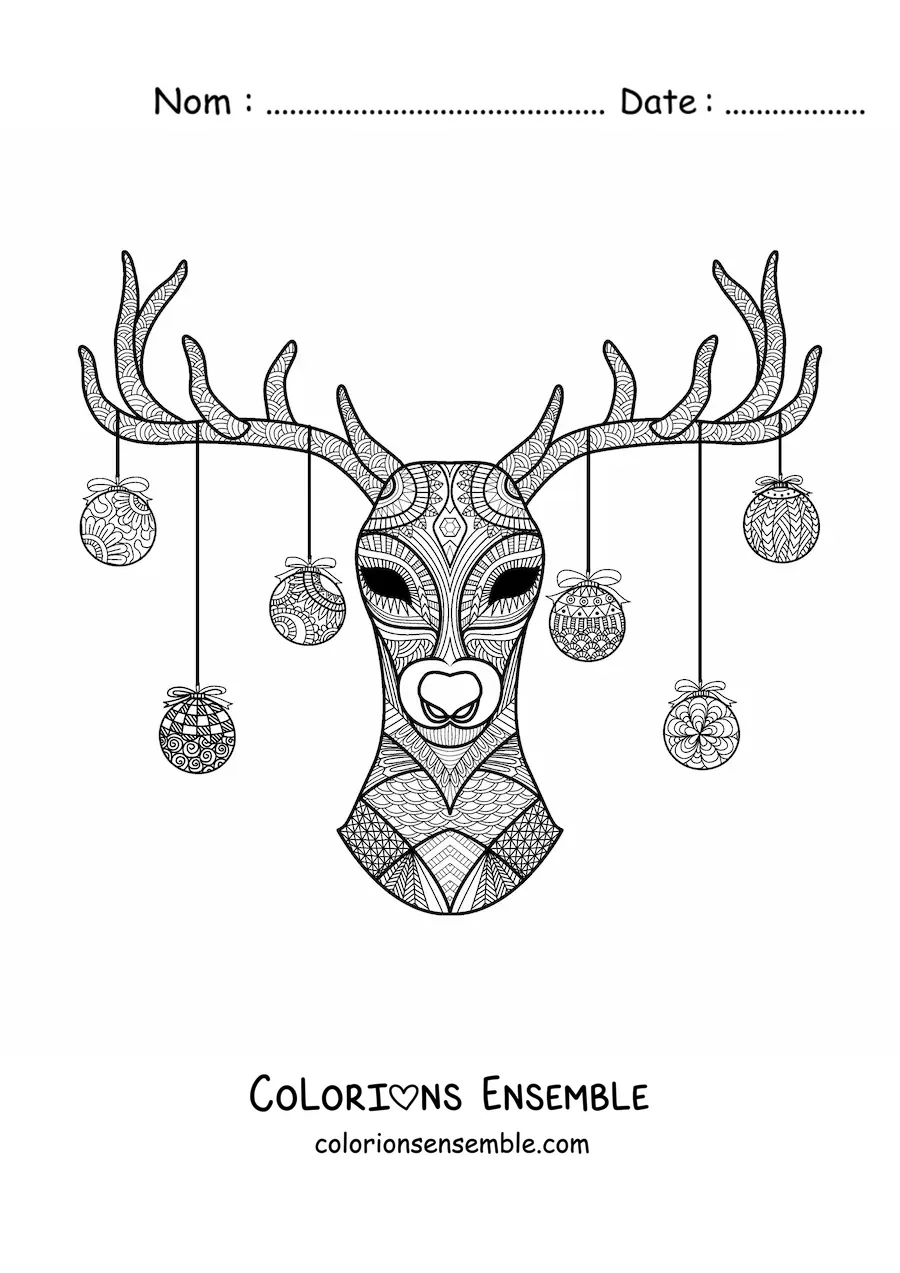 Image à colorier d'un renne avec des boules de Noël accrochées à ses bois