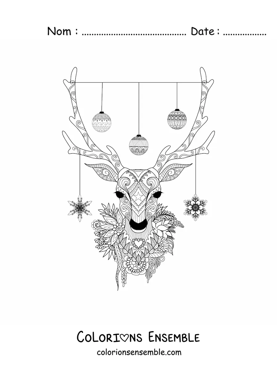 Image à colorier d'un renne avec des boules de Noël accrochées à ses bois
