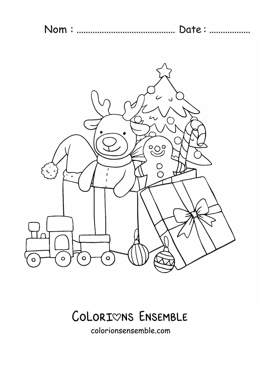 Image à colorier d'une boîte cadeau de Noël avec des jouets