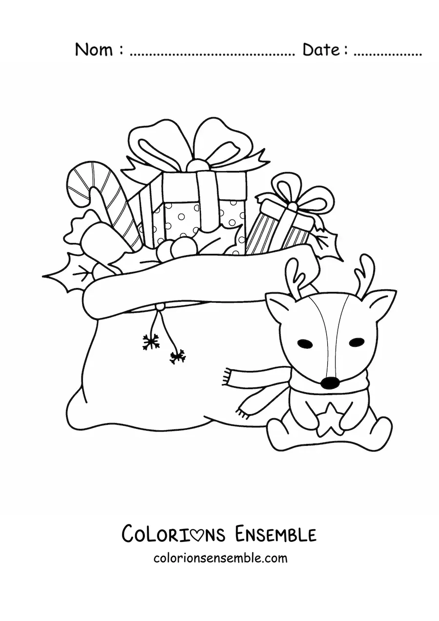 Image à colorier d'une hotte de cadeaux de Noël et d'une peluche de renne