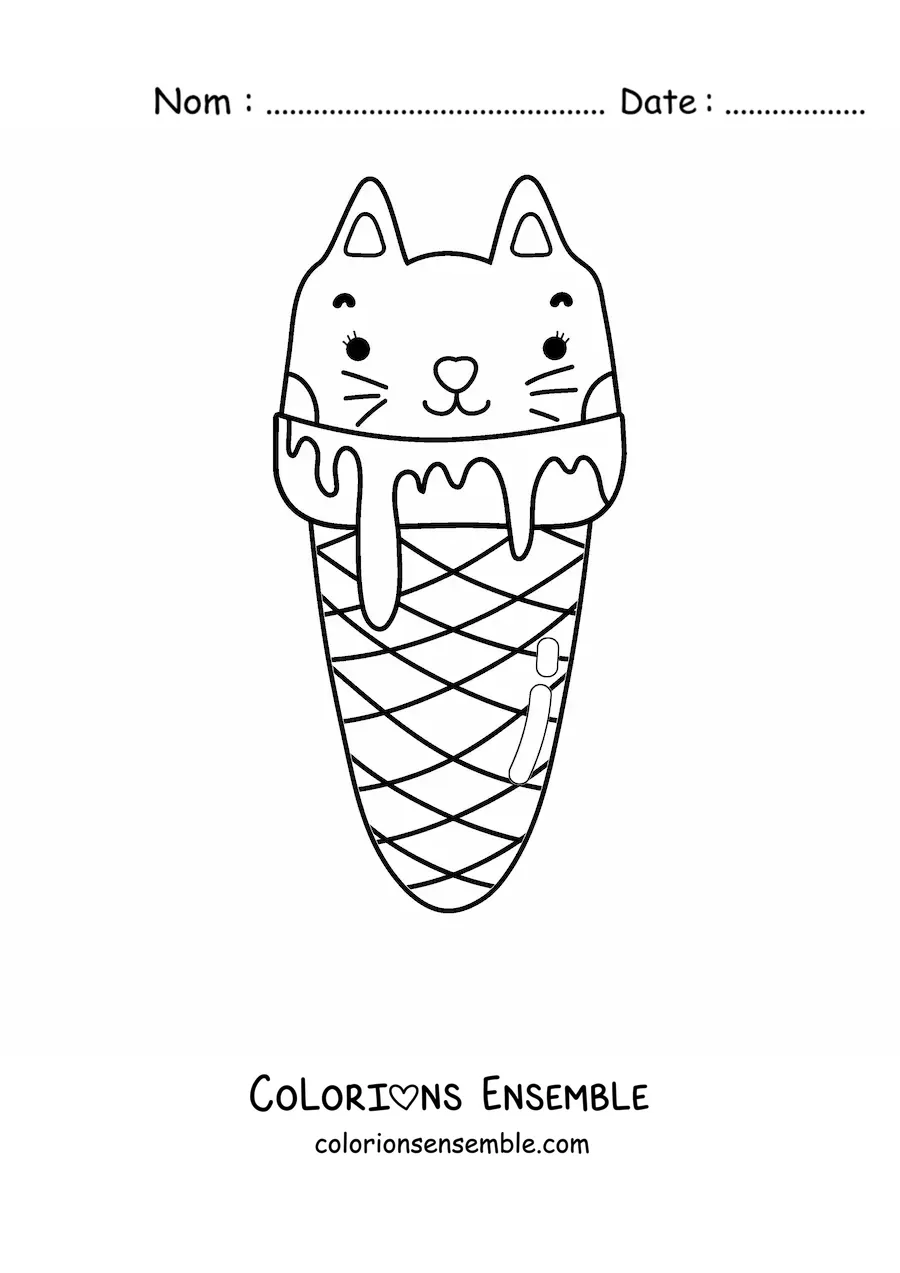 Image à colorier d'un chat sous forme de boule de glace kawaii dans un cornet