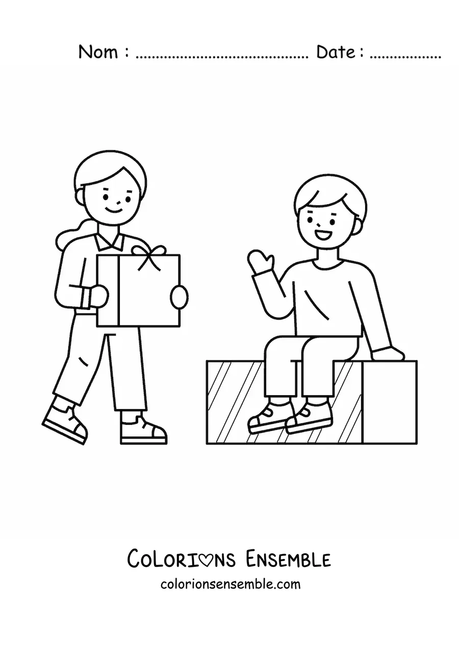 Image à colorier d’enfants avec des cadeaux de Noël