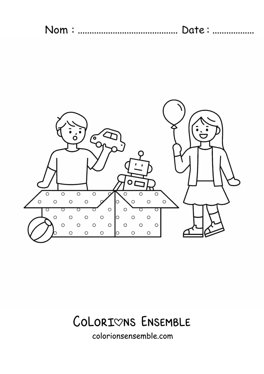 Image à colorier d’enfants ouvrant des cadeaux de Noël