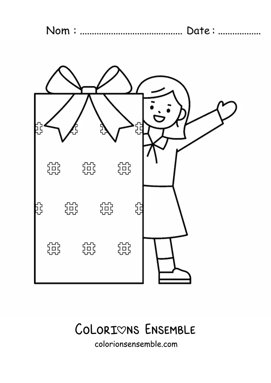 Image à colorier d’une fille avec un cadeau de Noël