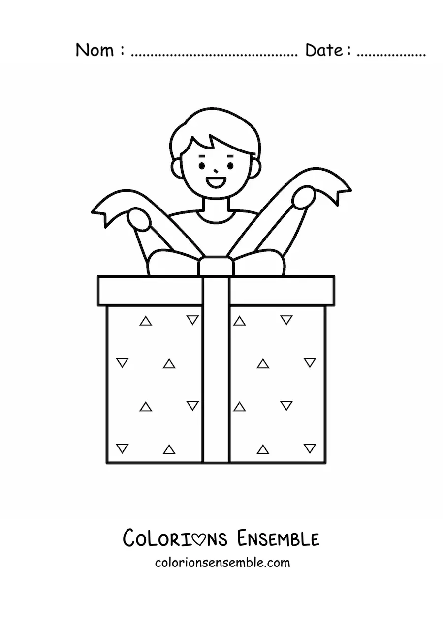 Image à colorier d’un garçon avec un cadeau de Noël