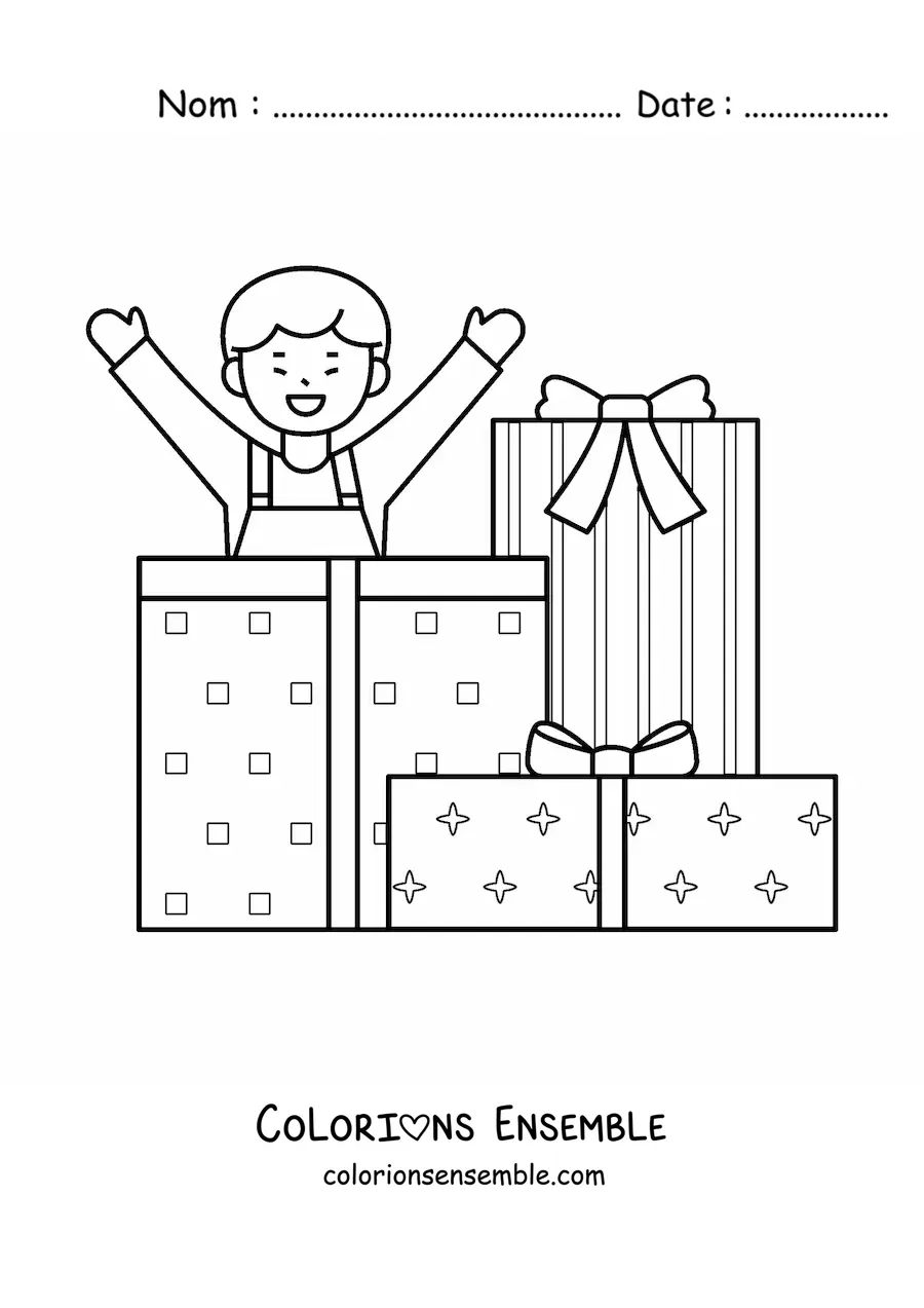 Image à colorier d’un garçon avec des cadeaux de Noël