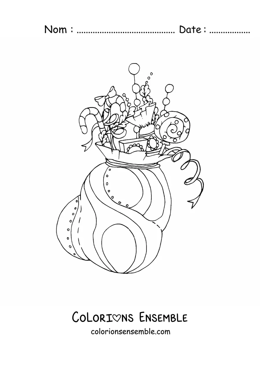 Image à colorier d’un sac de cadeaux de Noël rempli de bonbons