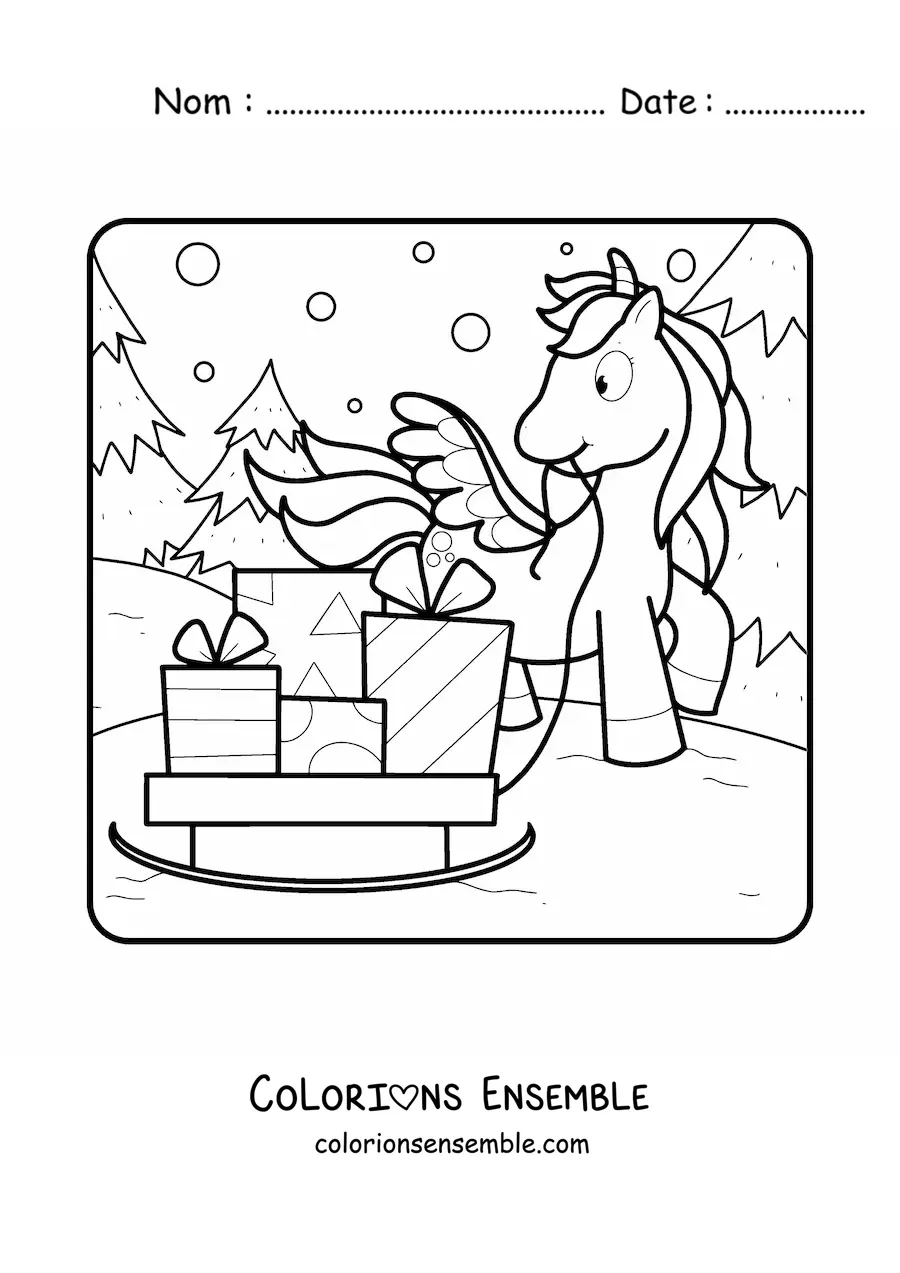 Image à colorier d’une licorne avec un traîneau rempli de cadeaux