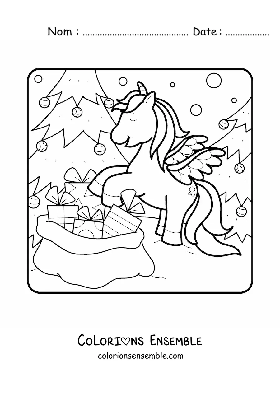 Image à colorier d’une licorne avec un sac de cadeaux