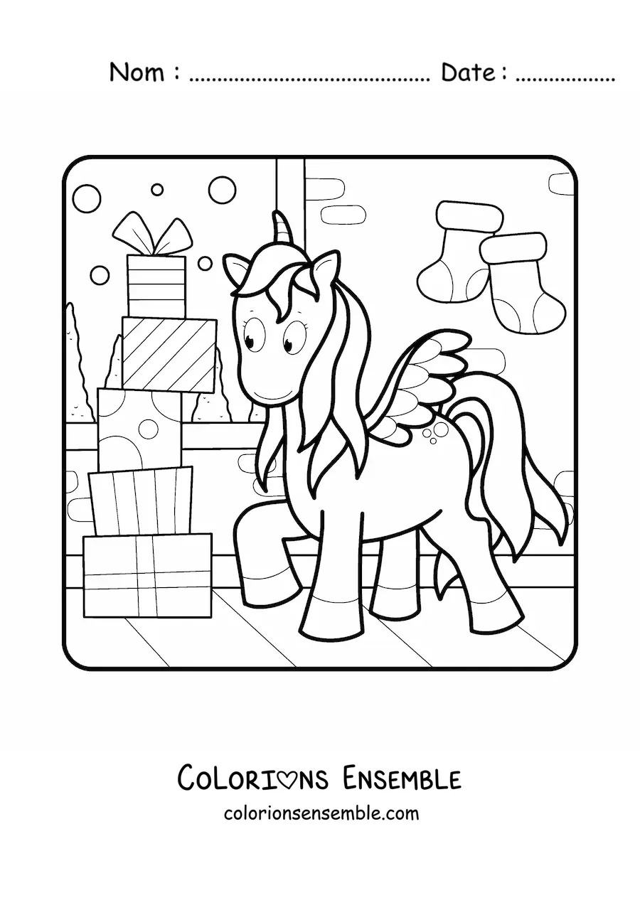 Image à colorier d’une licorne avec une pile de cadeaux