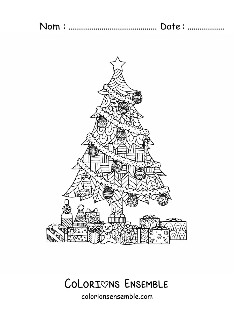Image à colorier de cadeaux sous le sapin, style zentangle