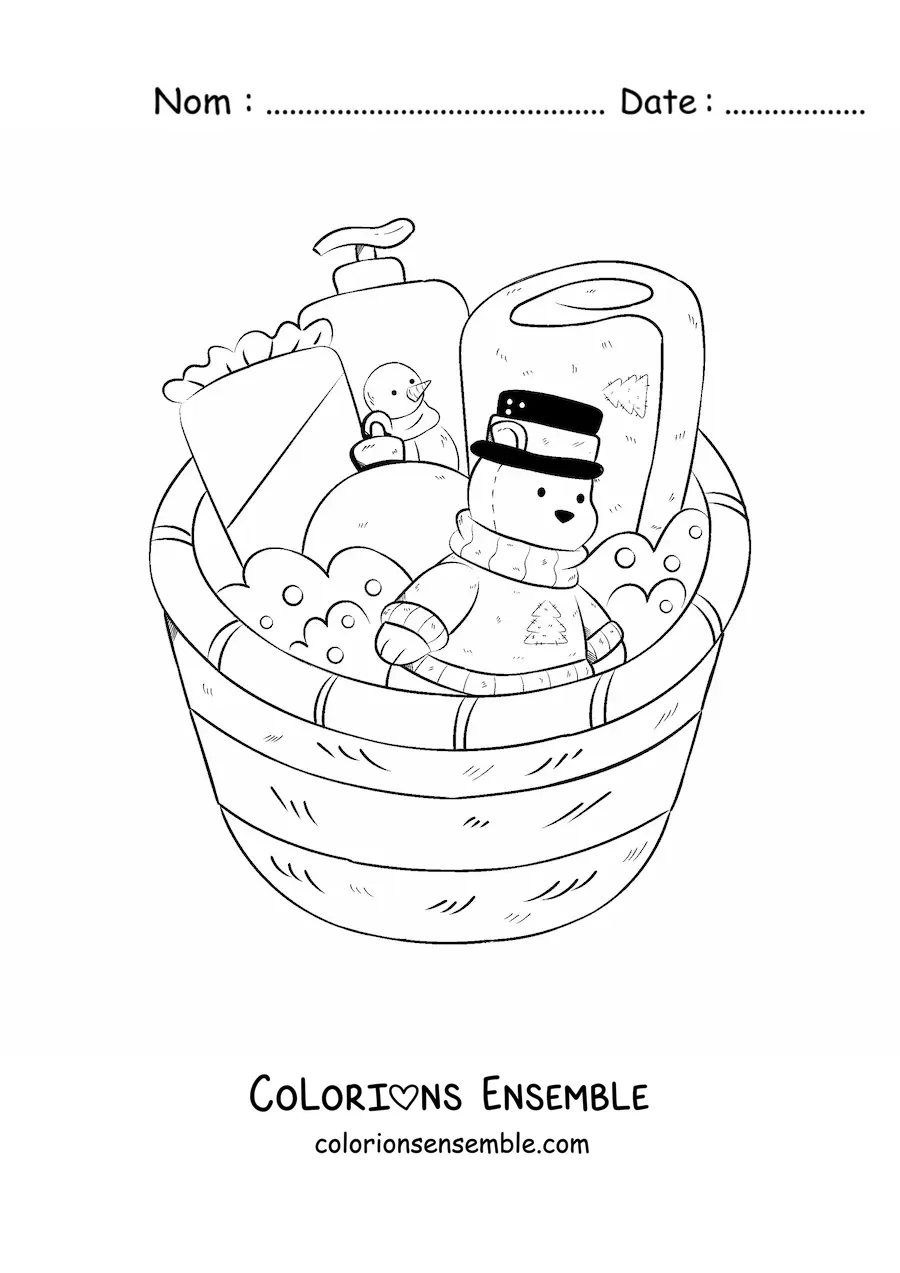 Image à colorier d’une corbeille de cadeaux de Noël