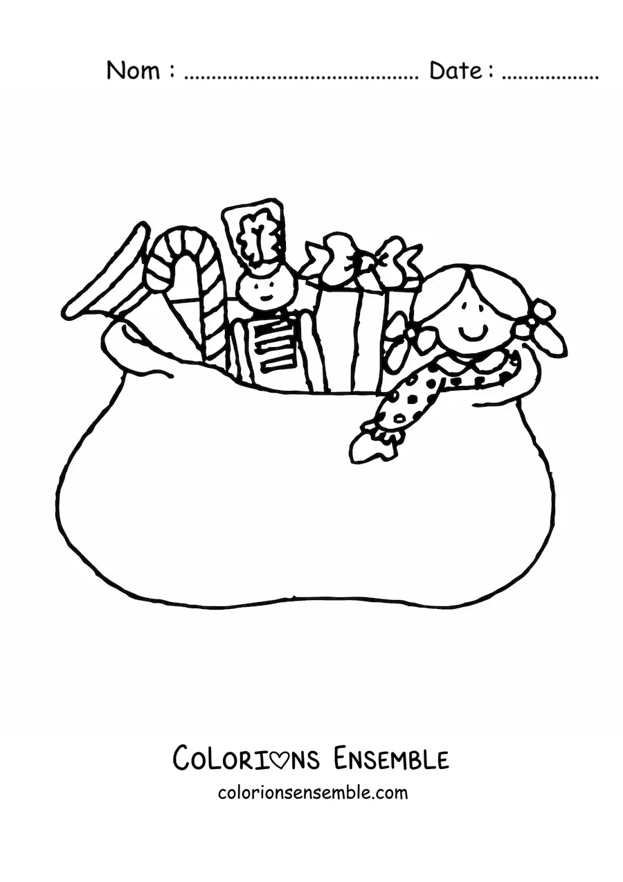 Image à colorier d’un sac de cadeaux de Noël rempli de jouets