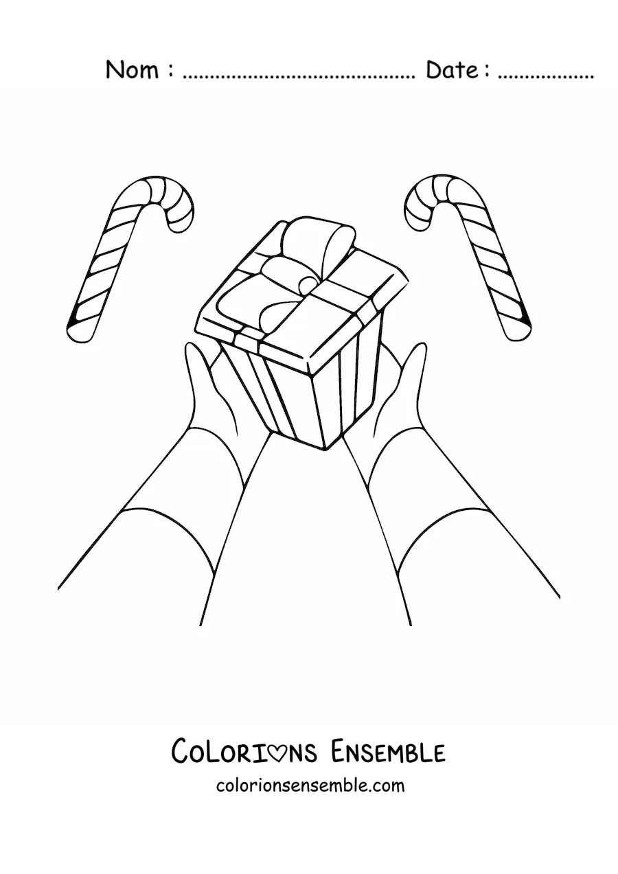 Image à colorier de mains offrant un cadeau de Noël