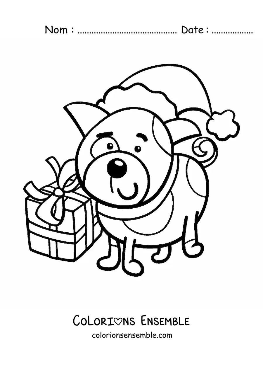 Image à colorier d’un chien avec un cadeau de Noël
