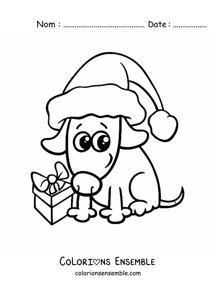 Image à colorier d’un chien avec un cadeau de Noël