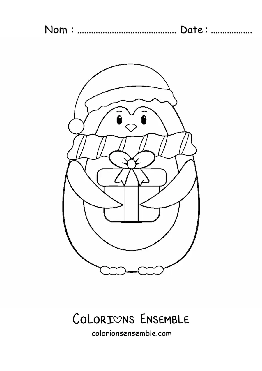 Image à colorier d’un pingouin avec un cadeau de Noël