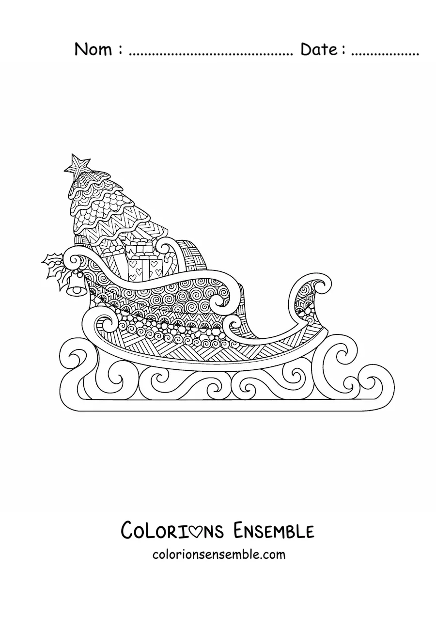 Image à colorier d’un traîneau avec des cadeaux de Noël, style zentangle