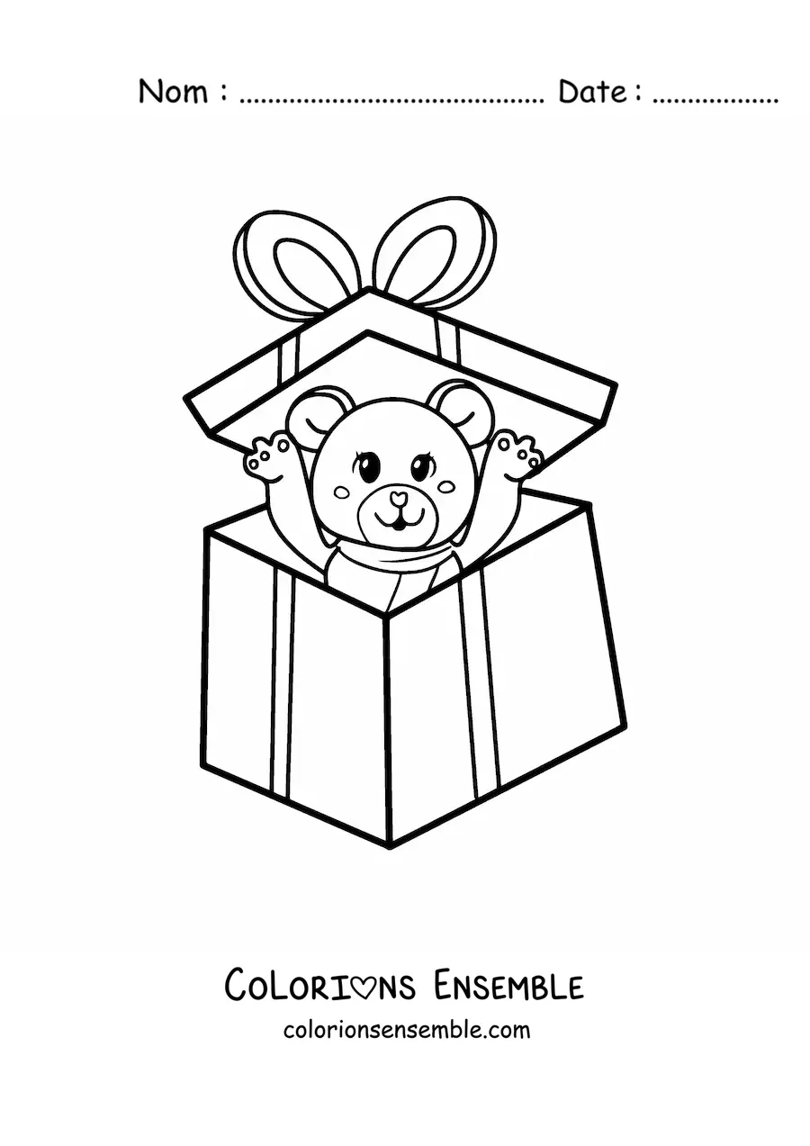 Image à colorier d’un ours en peluche dans une boîte cadeau de Noël