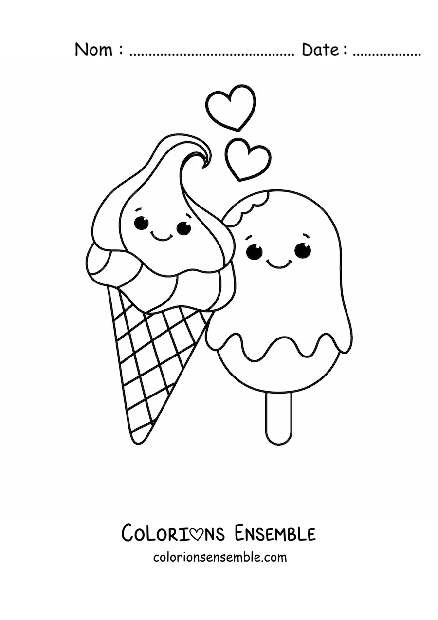 Image à colorier d'un couple de glaces kawaii romantique