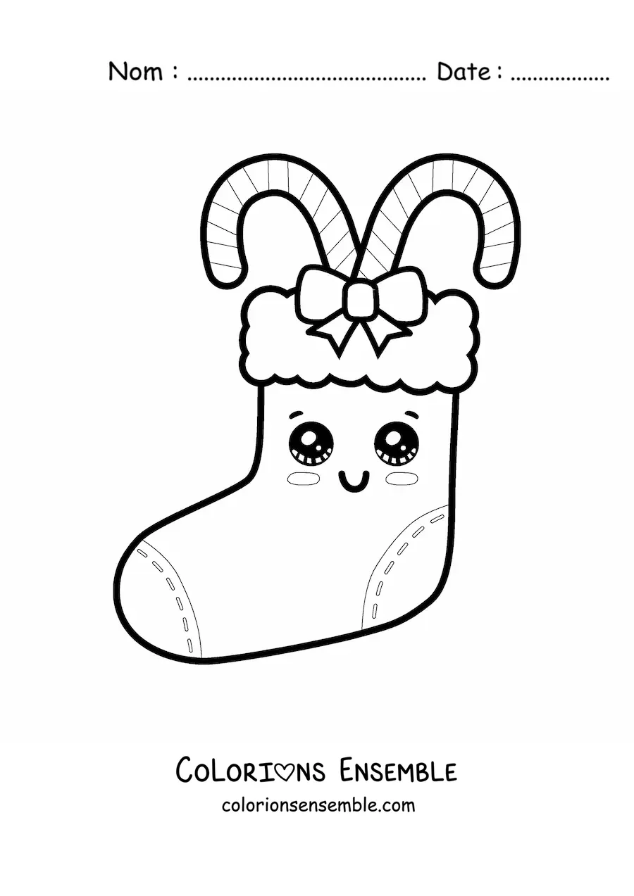 Image à colorier d’une botte de Noël kawaii avec des cannes de bonbon
