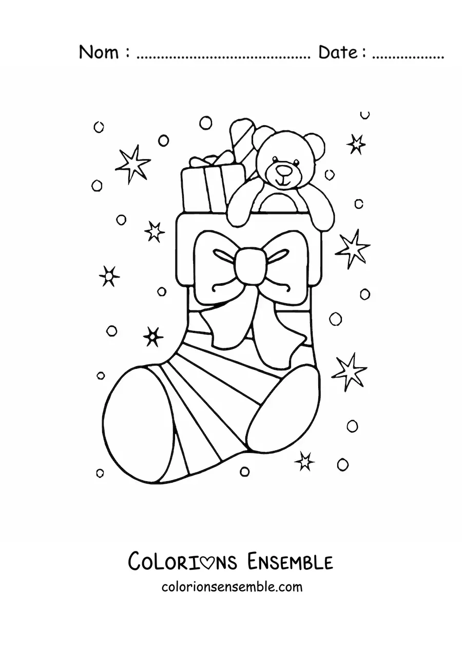 Image à colorier d’une chaussette de Noël avec un nœud et un ours en peluche