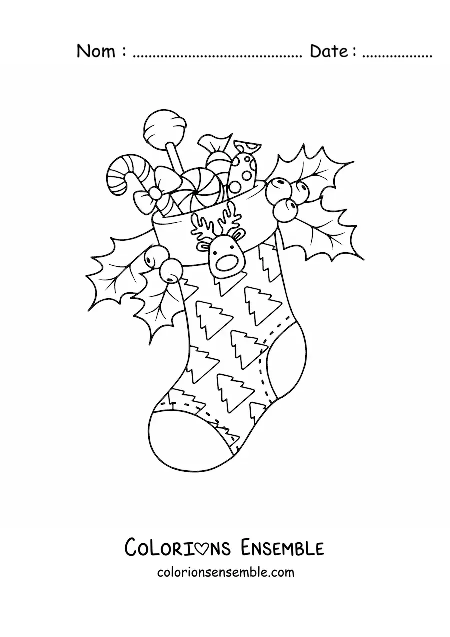 Image à colorier d’une botte de Noël avec des bonbons et un ornement de renne