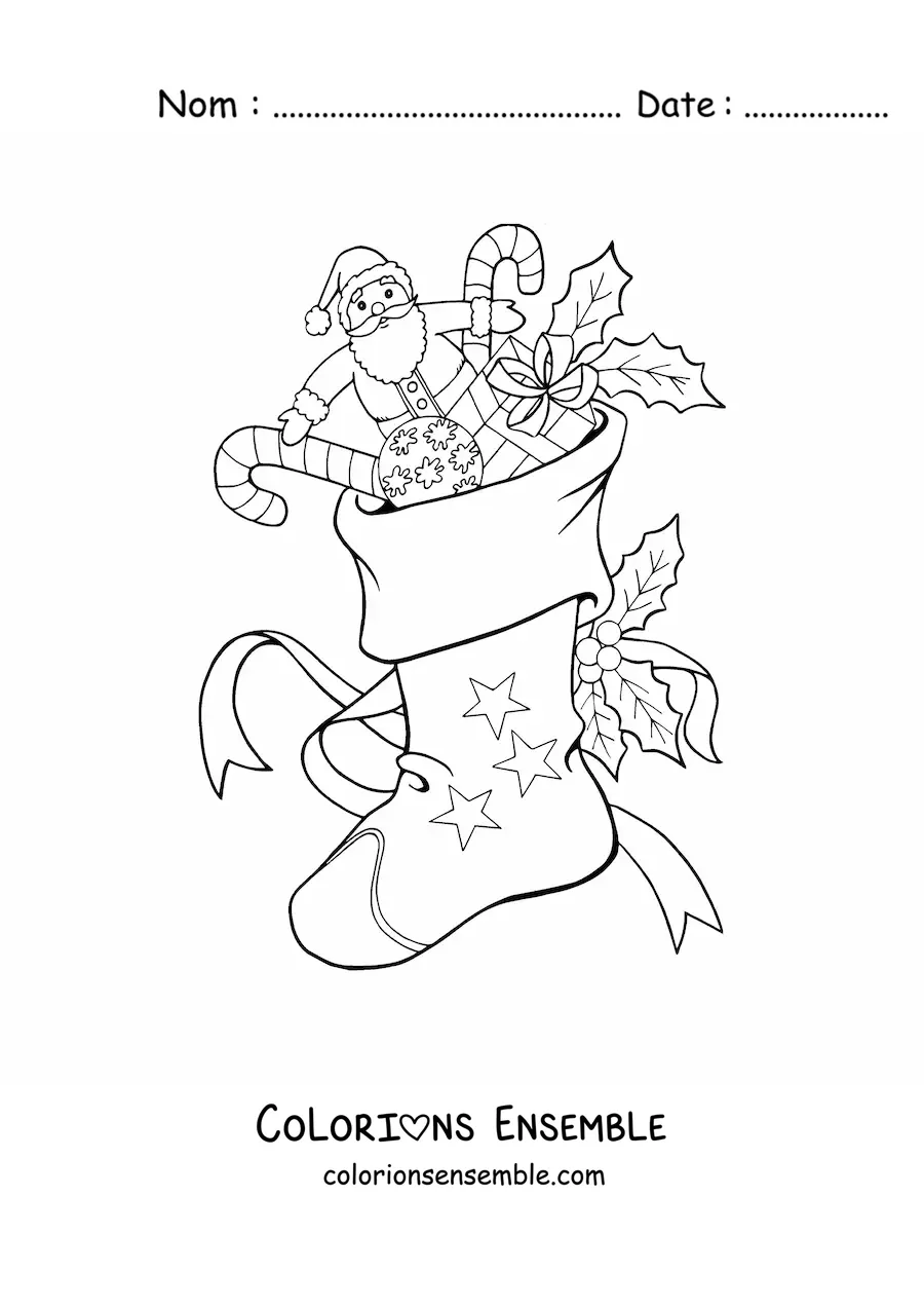 Image à colorier d’une botte de Noël avec des jouets et des bonbons