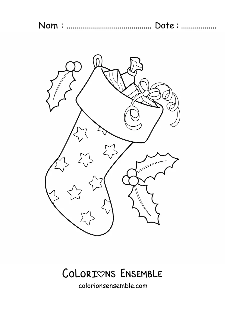 Image à colorier d’une botte de Noël remplie de cadeaux