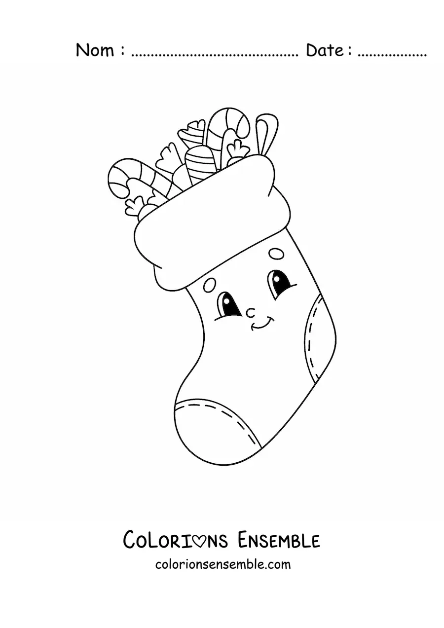 Image à colorier d’une botte de Noël animée remplie de cadeaux