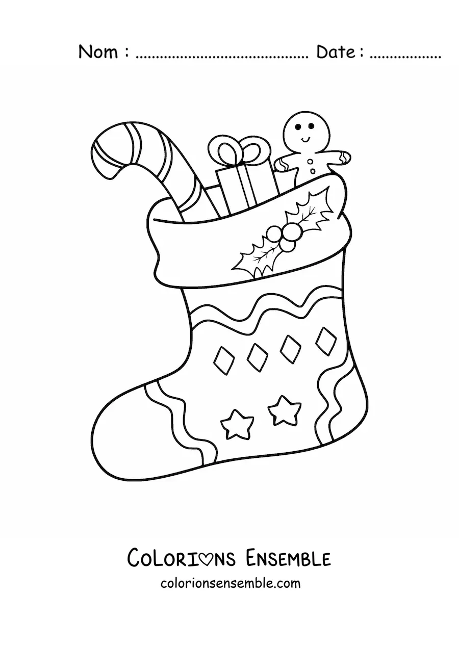 Image à colorier d’une chaussette de Noël remplie de cadeaux