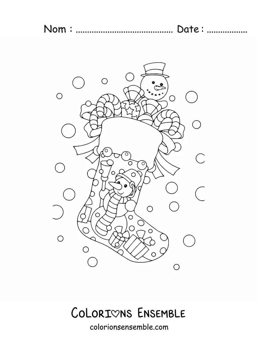 Image à colorier d’une chaussette de Noël avec un bonhomme de neige