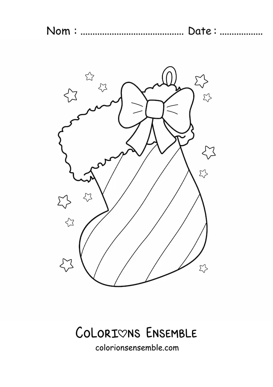 Image à colorier d’une botte de Noël avec un nœud et des rayures