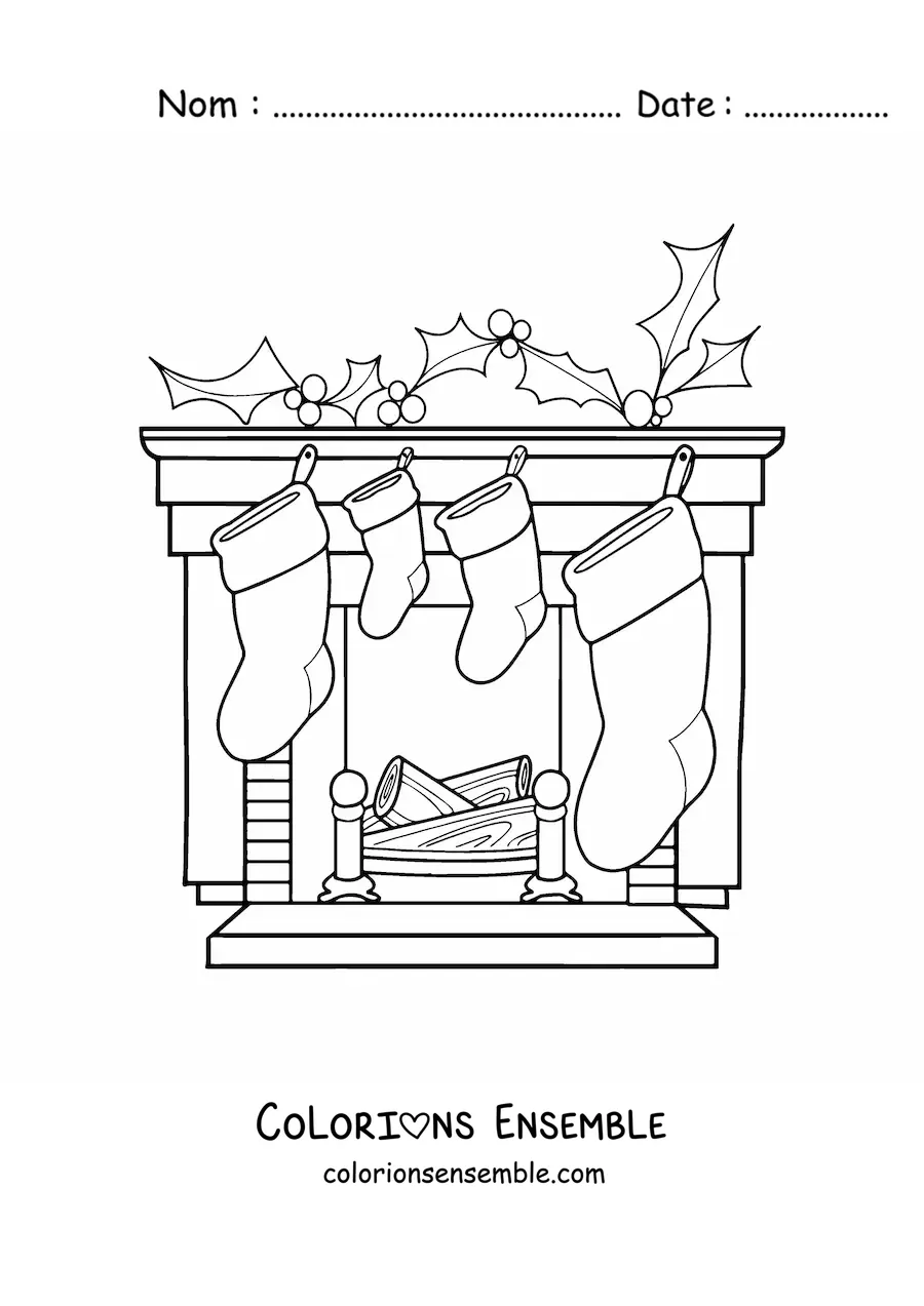 Image à colorier de petites bottes de Noël sur la cheminée